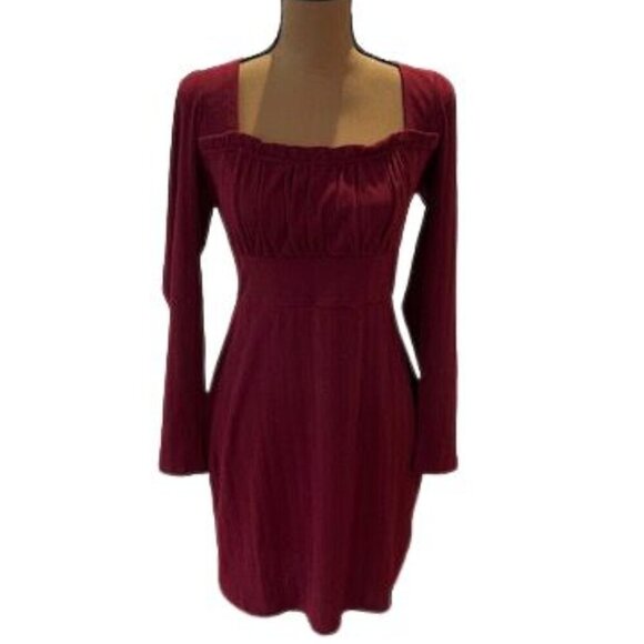 Row A Ribbed Knit Square Neck Bodycon Long Sleeve Midi Dress in Maroon – Size XL - Picture 3 of 5